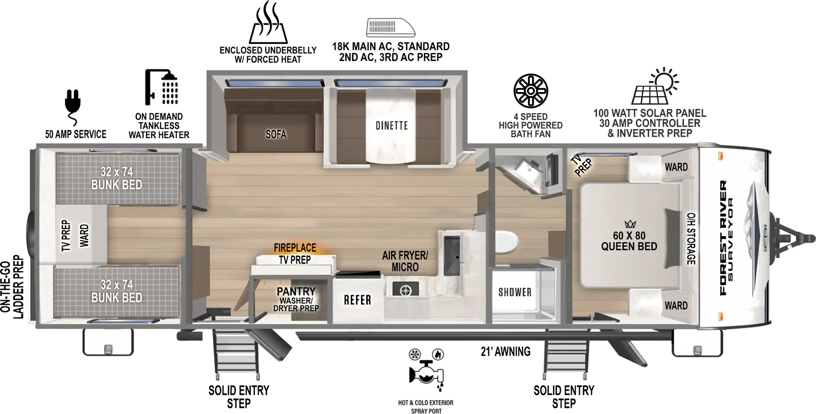 The Surveyor Legend X 29CAMP floorplan has one entry and one slide out. Exterior features include: fiberglass exterior and 21' awning. Interiors features include: bunk beds, front bedroom and pass through bathroom.